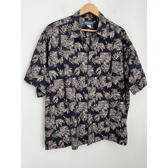 Cooke Street Mens 2XL Aloha Hawaiian Shirt Button Down Blue Tan Excellent Palm - Picture 1 of 7
